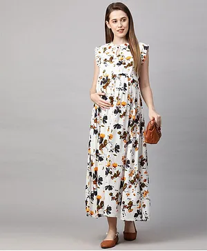 MomToBe Cap Sleeves Bright Floral Print Maternity Dress - Daisy White