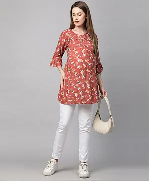 MomToBe Three Fourth Sleeves Floral Print Maternity Top - Coral Orange