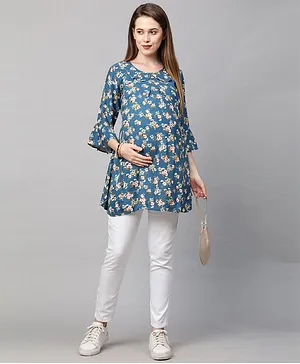 MomToBe Three Fourth Sleeves Floral Print Maternity Top - Stone Blue