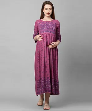 MomToBe Three Fourth Sleeves Ethnic Print Maternity Dress - Heather Purple