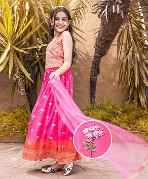 Earthy Touch Woven Sleeveless Printed Choli & Lehenga With Dupatta - Pink