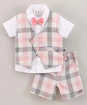 Little Folks Half Sleeves Checked Party Suit With Bow - Pink