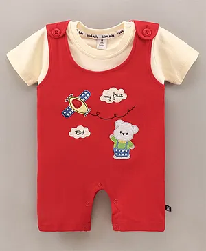 Little Folks Dungaree Style Rompers With Half Sleeves Tee Embroidery Design- Red