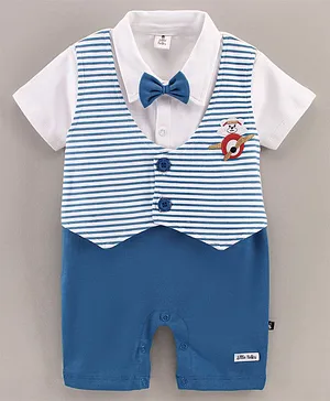 Little Folks Party Wear Half Sleeves Romper With Bow Bear Embroidery - White Royal Blue