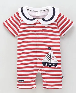 Little Folks Half Sleeves Romper With Boat Embroidery - Multicolor