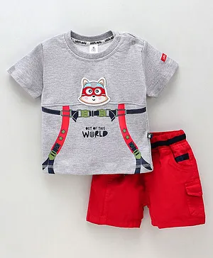 Little Folks Half Sleeves T Shirt with Shorts Cat Print - Grey Red