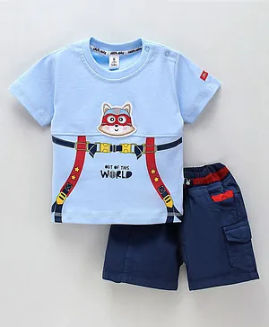 Little Folks Half Sleeves T Shirt with Shorts Cat Print - Blue