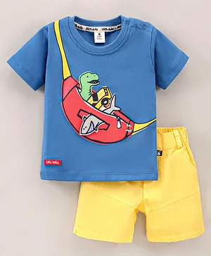 Little Folks Half Sleeves T Shirt and Shorts Dinosaur Print - Yellow Blue