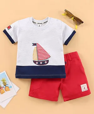 Little Folks Half Sleeves Cotton T-Shirt And Knee Length Shorts Set With Boat Embroidery - Blue Red