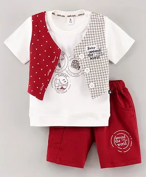 Little Folks Half Sleeves T Shirt and Shorts Effile Tower Print - White Red