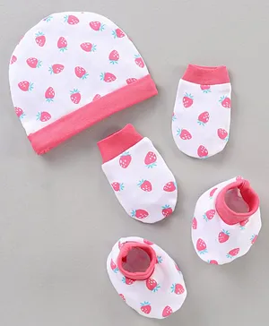 Babyhug 100% Cotton Cap Mitten Booties Set Printed Pink- Diameter 10 cm