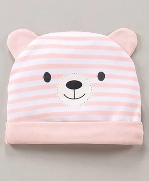Babyhug Cotton Cap Stripes & Bear Face Print Pink- Diameter 10.5 cm