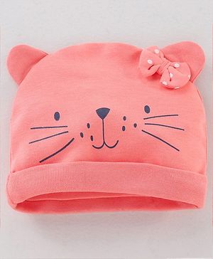 Babyhug 100% Cotton Knit Cap Bear Face Print Pink - Diameter 14.5 cm
