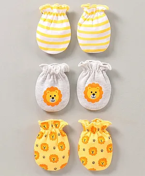 Babyhug Mittens Set Animal Print & Striped Pack of 3 - White Yellow