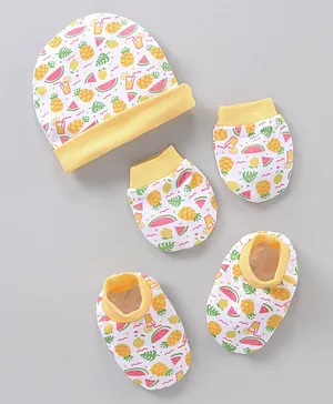 Babyhug 100% Cotton Cap Mittens & Booties Fruit Print - Yellow