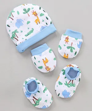 Babyhug 100% Cotton Caps Mittens & Booties Set Printed Blue - Diameter 10.5 cm
