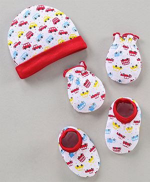 Babyhug Cap Mitten & Booties Floral Print - Cap Diameter 15.5 cm