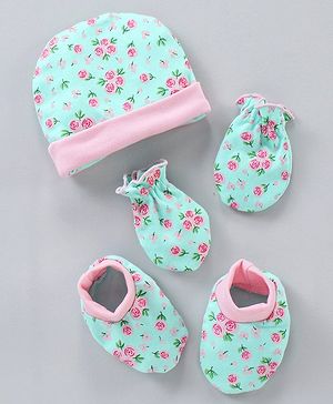 Babyhug 100% Cotton Cap Mittens & Booties Floral Print Blue & Pink - Cap Diameter 11 cm