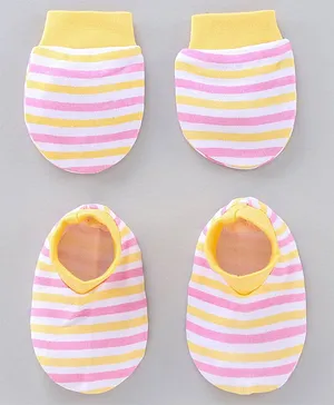 Babyhug 100% Cotton Mittens & Booties Set Striped - Yellow Pink
