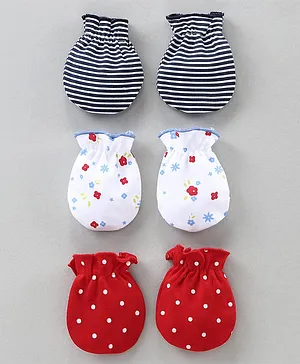 Babyhug Mittens Set Striped, Floral & Polka Dot Printed Pack of 3 - White Red Black