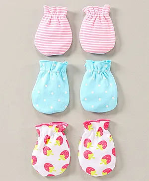 Babyhug 100% Cotton Mittens Stripe Dot And Strawberry Print Pack Of 3 - Pink Blue