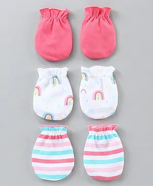 Babyhug Mittens Set Printed Striped & Solid Pack of 3 - White Pink