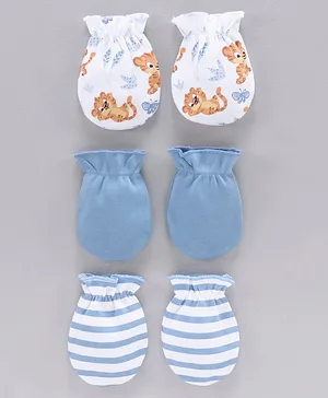 Babyhug 100% Cotton Mittens Striped And Tiger Print Pack of 3 - Blue White