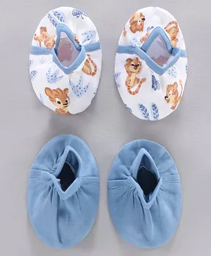 Babyhug 100% Cotton Mittens Solid And Tiger Print Pack of 2 - Blue White