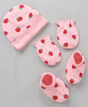Babyhug 100% Cotton Cap Mittens & Booties With Strawberry Print - Pink