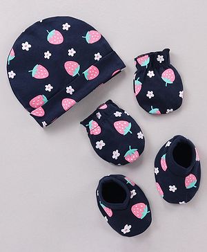 Babyhug 100% Cotton Cap Mittens & Booties Set Strawberry Print Navy Blue - Cap Diameter 11 cm