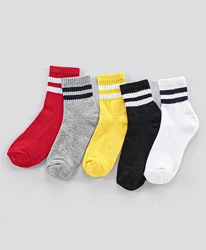 Pine Kids Ankle Length Anti Microbial Washed Socks Stripe Design Pack Of 5 - Red Grey Yellow Black White