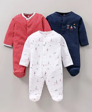 I Bears Full Sleeves Sleep Suit Vehicle Print and Striped Pack of 3 - Blue White Red