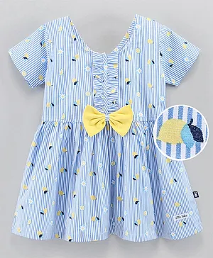 Little Folks Half Sleeves Frock With Bow Floral Print - Blue