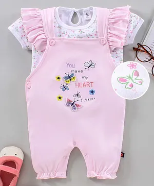 Little Folks Dungaree Style Romper with Half Sleeves Inner Tee Butterfly Embroidery - Light Pink