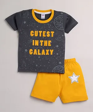 Nottie Planet Half Sleeves Text Print Tee & Pant - Yellow