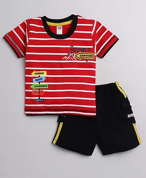 Nottie Planet Half Sleeves Text Print Stripes Tee & Pant - Maroon