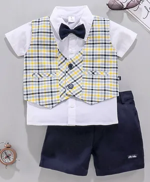 Little Folks Half Sleeves Checked Party Suit with Bow and Waistcoat - Navy Yellow