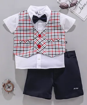 Little Folks Half Sleeves Checked Party Suit with Bow and Waistcoat - Navy Red
