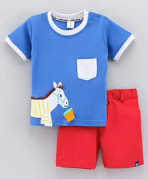Little Folks Half Sleeves T-Shirt and Shorts Set Zebra Patch - Royal Blue Red