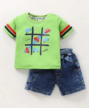 Little Folks Half Sleeves T Shirt And Denim Shorts Tic Tac Print - Green