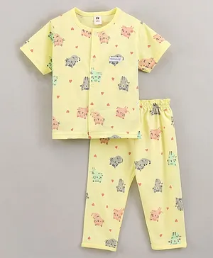 ToffyHouse Half Sleeves Pyjama Set Cat Print - Yellow