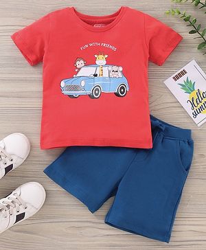 Babyhug Cotton Knit Half Sleeves Animal Printed T Shirt And Knee Length Shorts - Red & Blue