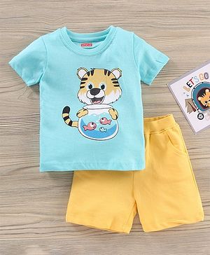 Babyhug Half Sleeves T-shirt With Shorts Animal Print - Yellow and Blue