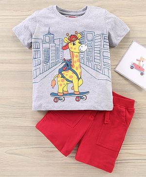 Babyhug Cotton Knit to Knit Half Sleeves Giraffe Printed Tee & Short - Red & Grey