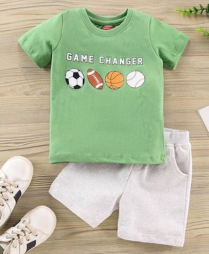 Babyhug Half Sleeves Knit T-Shirt & Shorts Set Sports Ball Print - Green Grey