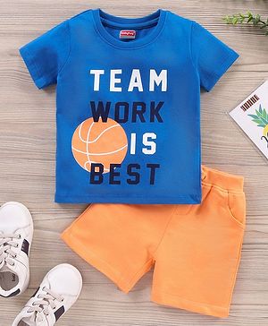Babyhug Half Sleeves T-Shirt and Knee Length Bottomwear Text Print - Blue Orange