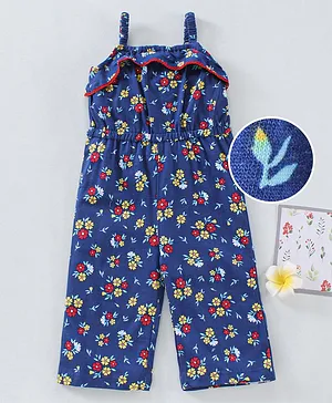 Babyhug 100%Cotton Singlet Jumpsuit Floral Print - Navy Blue
