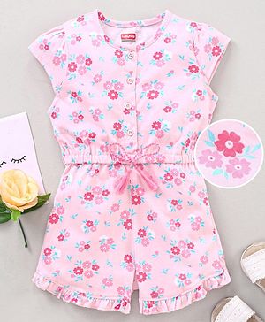 Babyhug 100% Cotton Cap Sleeves Jumpsuit Floral Print - Pink
