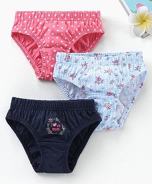 Babyhug 100% Cotton Knit Panties Floral & Polka Dots Print Pack of 3 - Blue Pink