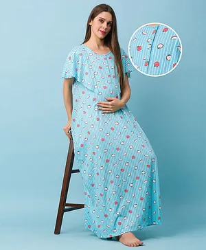 Bella Mama Half Sleeves Maternity Nighty Fruit Print - Blue